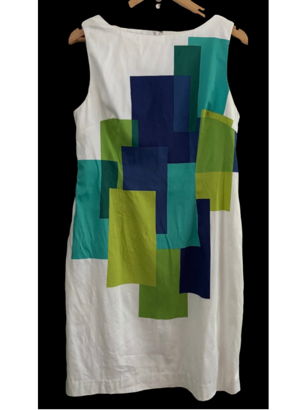 VTG Leslie Fay SZ 14 wht w blu & grn colorblk sheath dress